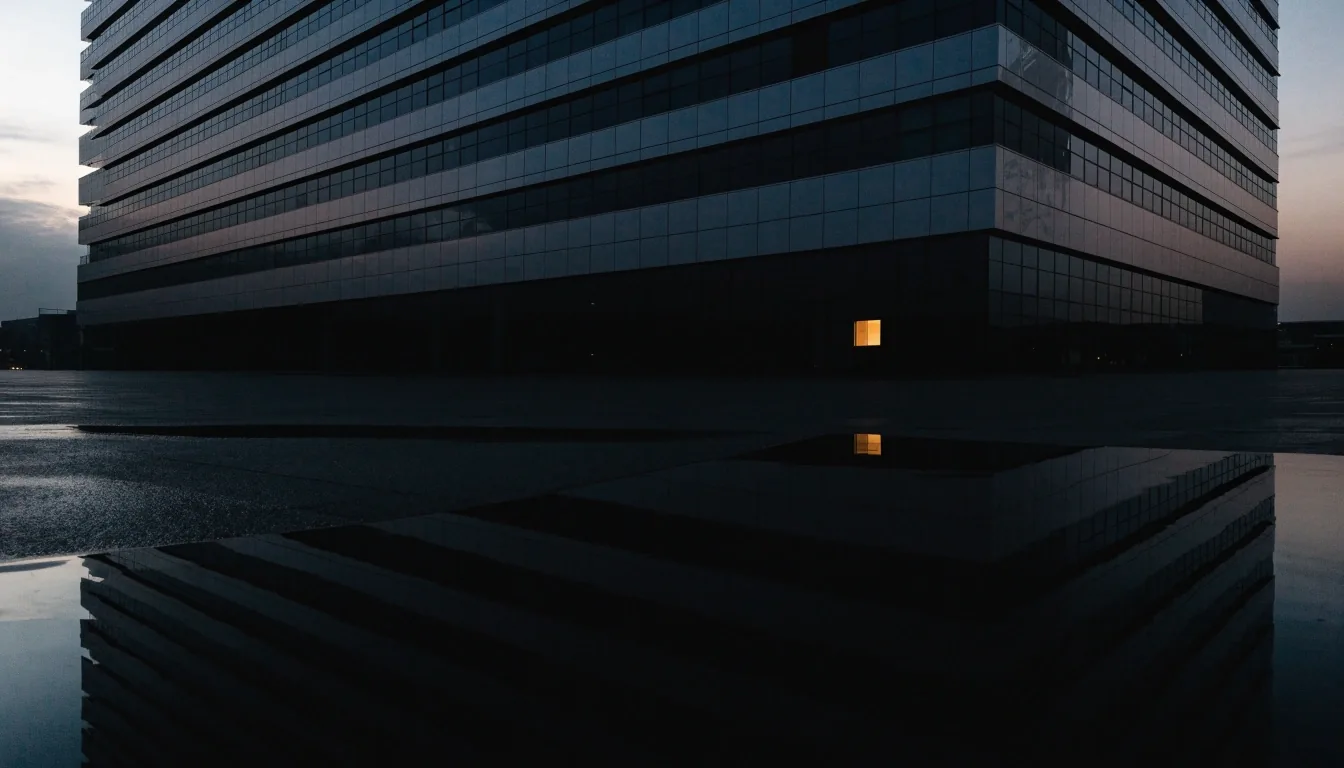 Dubai Media City office tower seen across a wet plaza at dusk with one warm lit window