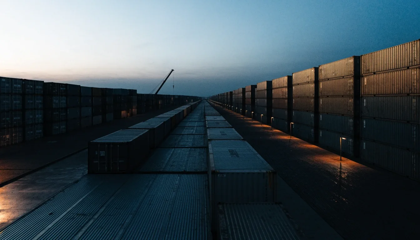 Stacked shipping containers on a Gulf port apron at dusk under warm street lighting