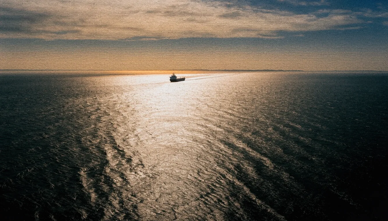 Open Gulf water at last light with a distant bulk carrier on the horizon