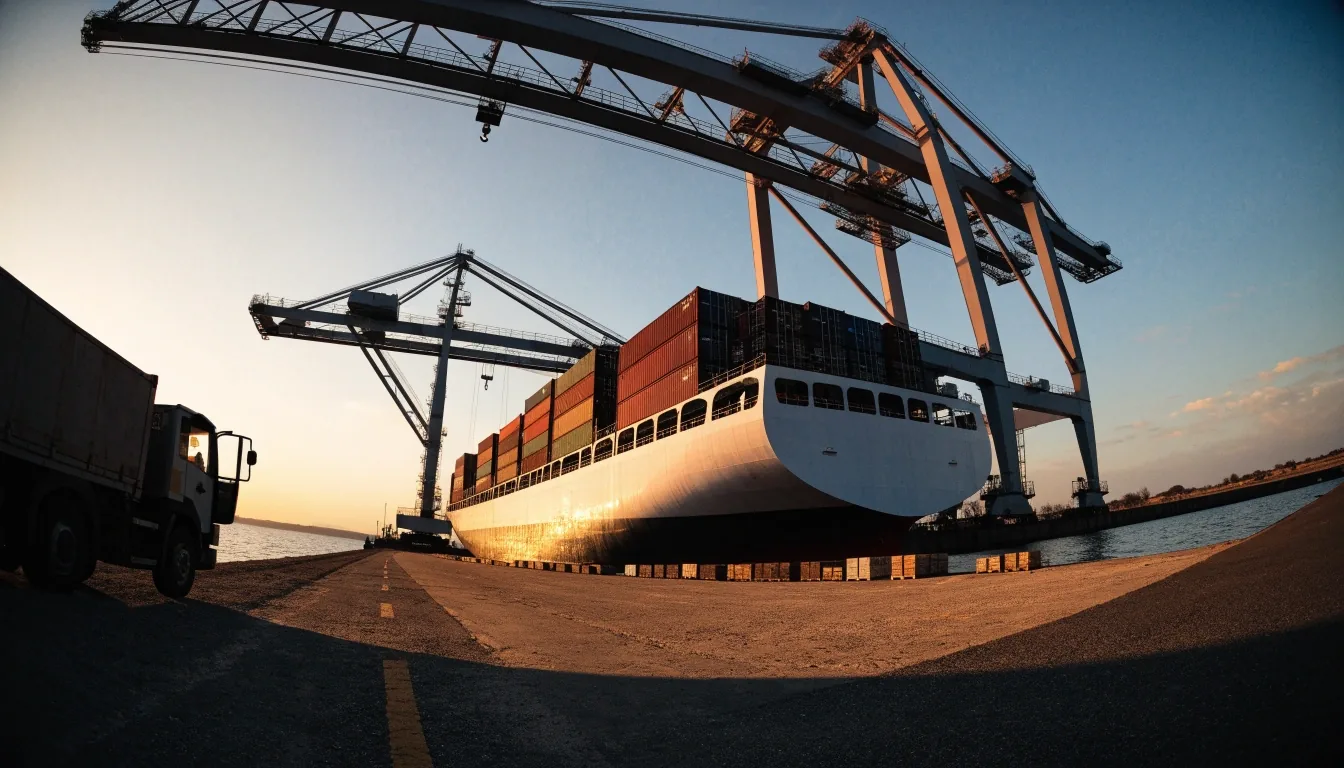 Stacked shipping containers and a gantry crane at a Gulf freight dock in late afternoon light