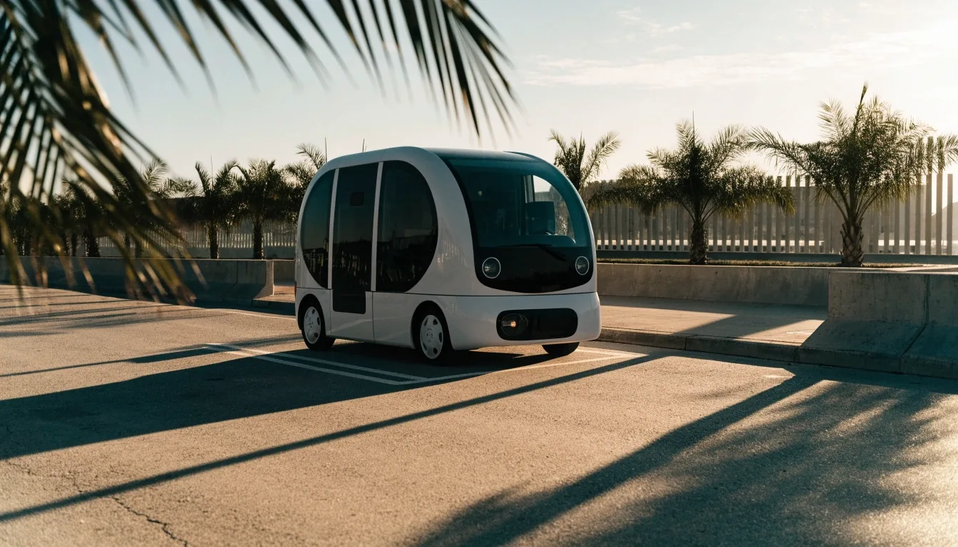 Driverless shuttle parked at a paved bay on a Gulf campus at low sun