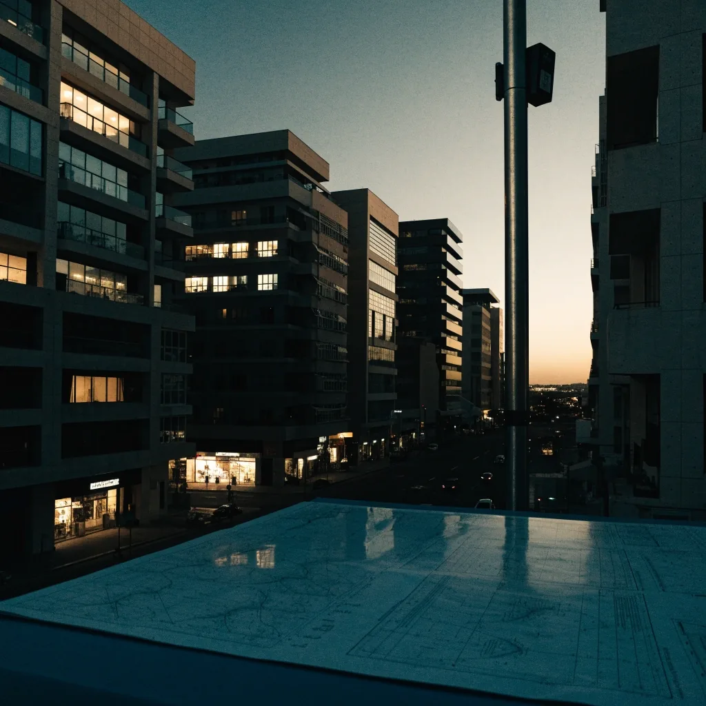 Downtown Gulf corridor at last light with warm window glow and deep shadow