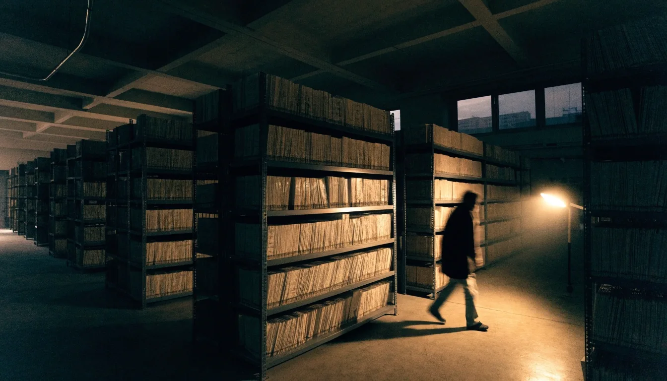 Printed forms and folders stacked on a desk under warm lamp light at dusk