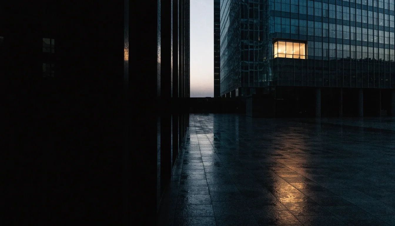A Gulf media district building at last light seen across a plaza, with deep shadow and one warm lit window