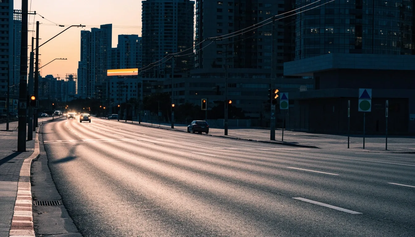 Fresh colour-coded area signposts and updated street plates on a Dubai road at golden hour