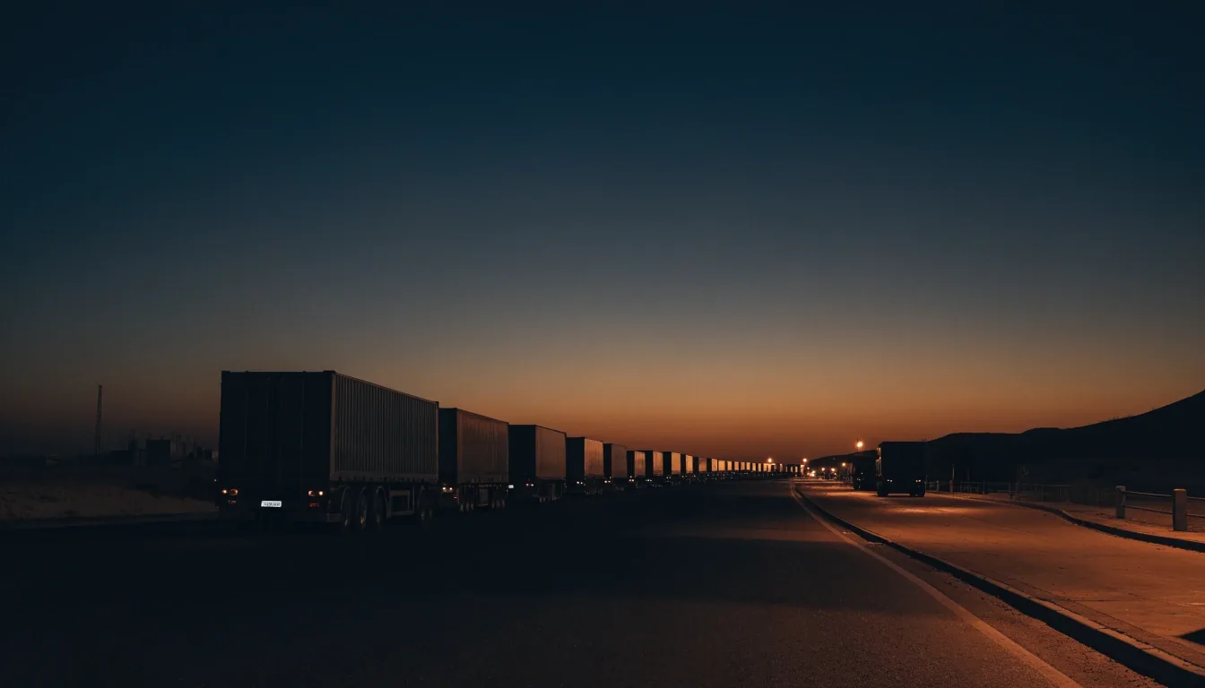 Heavy trucks moving along a Dubai freight corridor under warm street lighting at dusk
