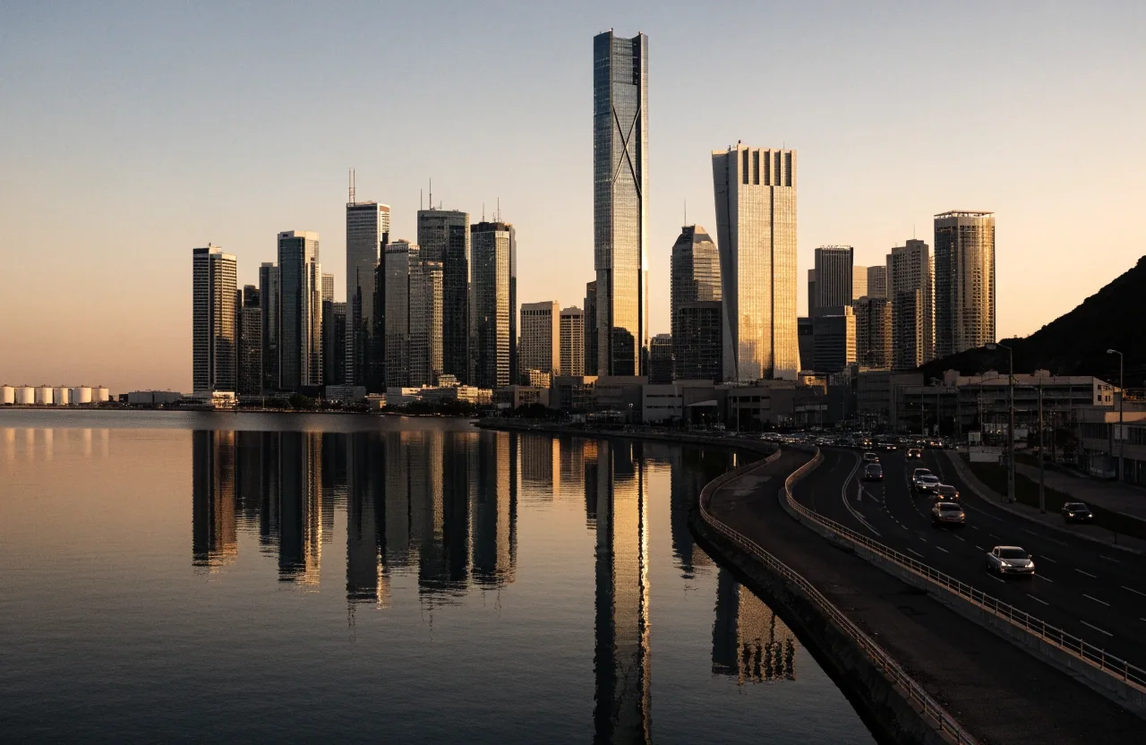 Abu Dhabi office district plaza at dusk with warm low light on the paving