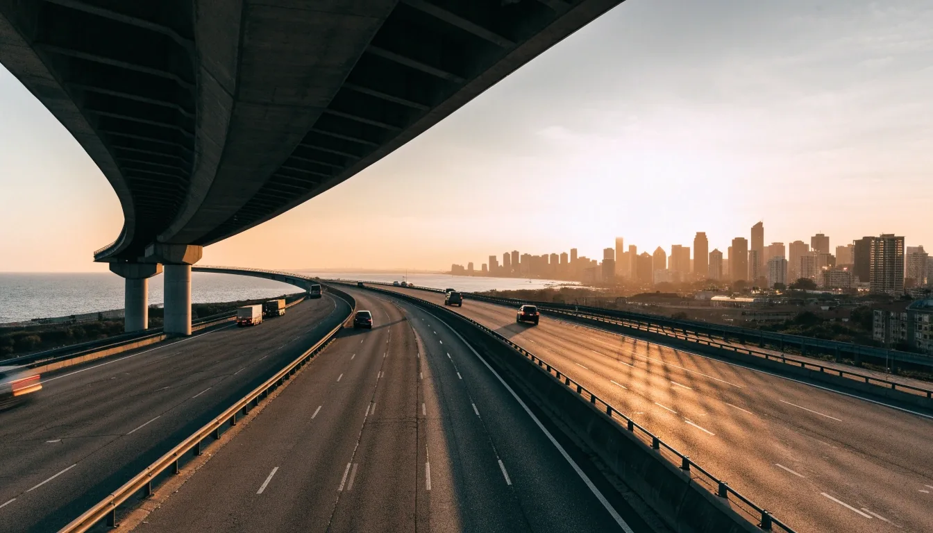 Coastal Dubai expressway at dusk seen from an overpass, warm horizon over deep road shadow