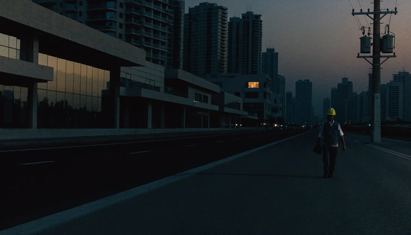 Gulf urban corridor at last light with one warm window key on the horizon